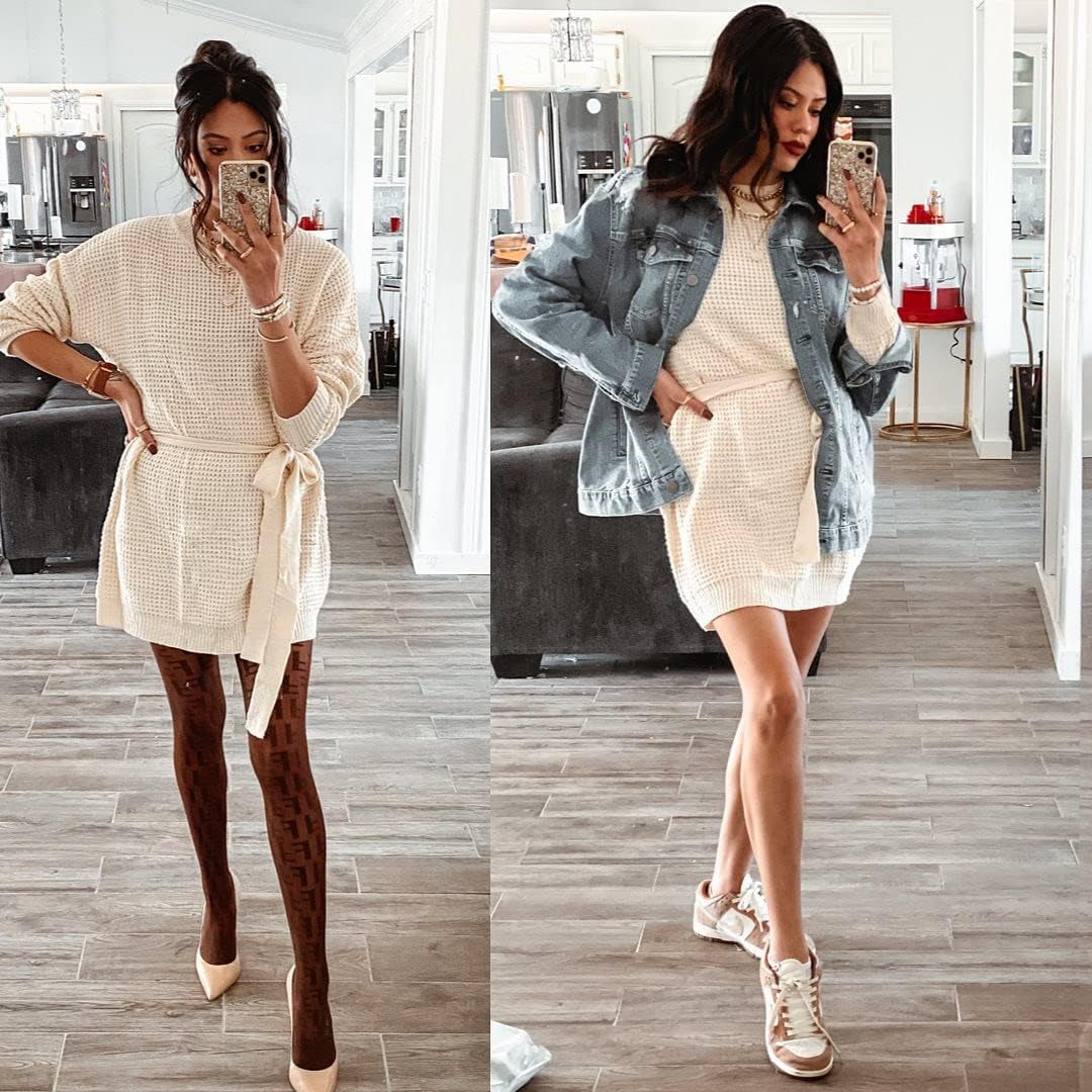 Women'S 2023 Fall Long Sleeve Solid Color Waffle Knitted Tie Wasit Tunic Pullover Sweater Dress