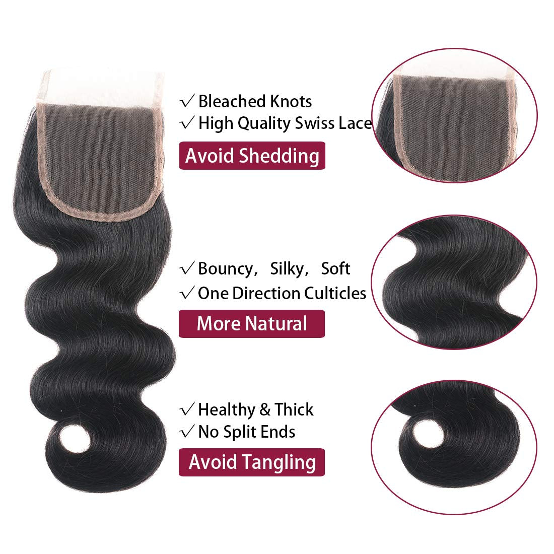 Brazilian Body Wave 3 Bundles with Closure 100% Unprocessed Brazilian Body Wave Human Hair Bundles with 4X4 Lace Closure Free Part Natural Color (24 26 28+22, Bundles with Closure)