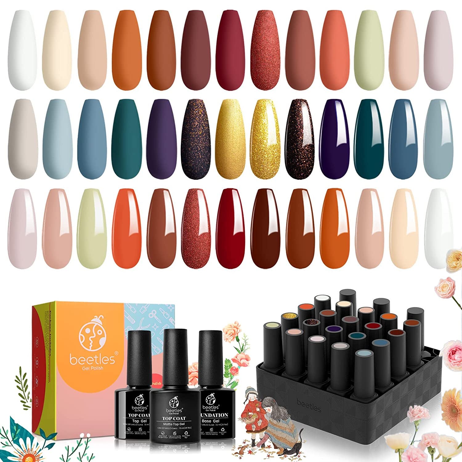 Beetles 23Pcs Gel Nail Polish Kit with Base Gel Top Coat Reason and Romance Collection Orange Brown Burgundy Red Gray Golden Soak off U V Nail Lamp Gel Polish Set Manicure Gifts for Women