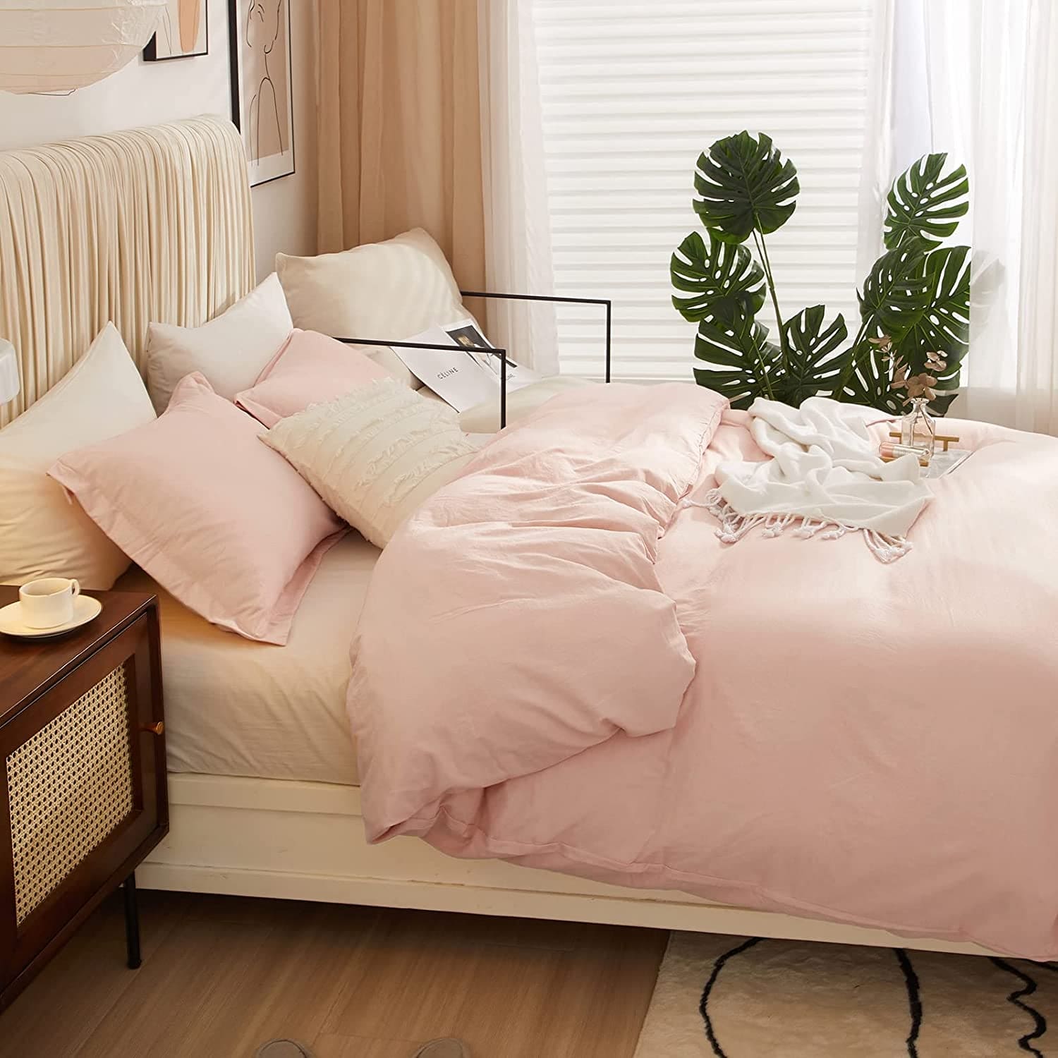 Pink Duvet Cover Queen Full Bedding Sets Washed Microfiber Blush Comforter Protector Cover, 3 Pieces Boho Style Solid Pink Quilt Cover Set, 1 Pink Queen Duvet Cover 90X90 and 2 Pillow Shams