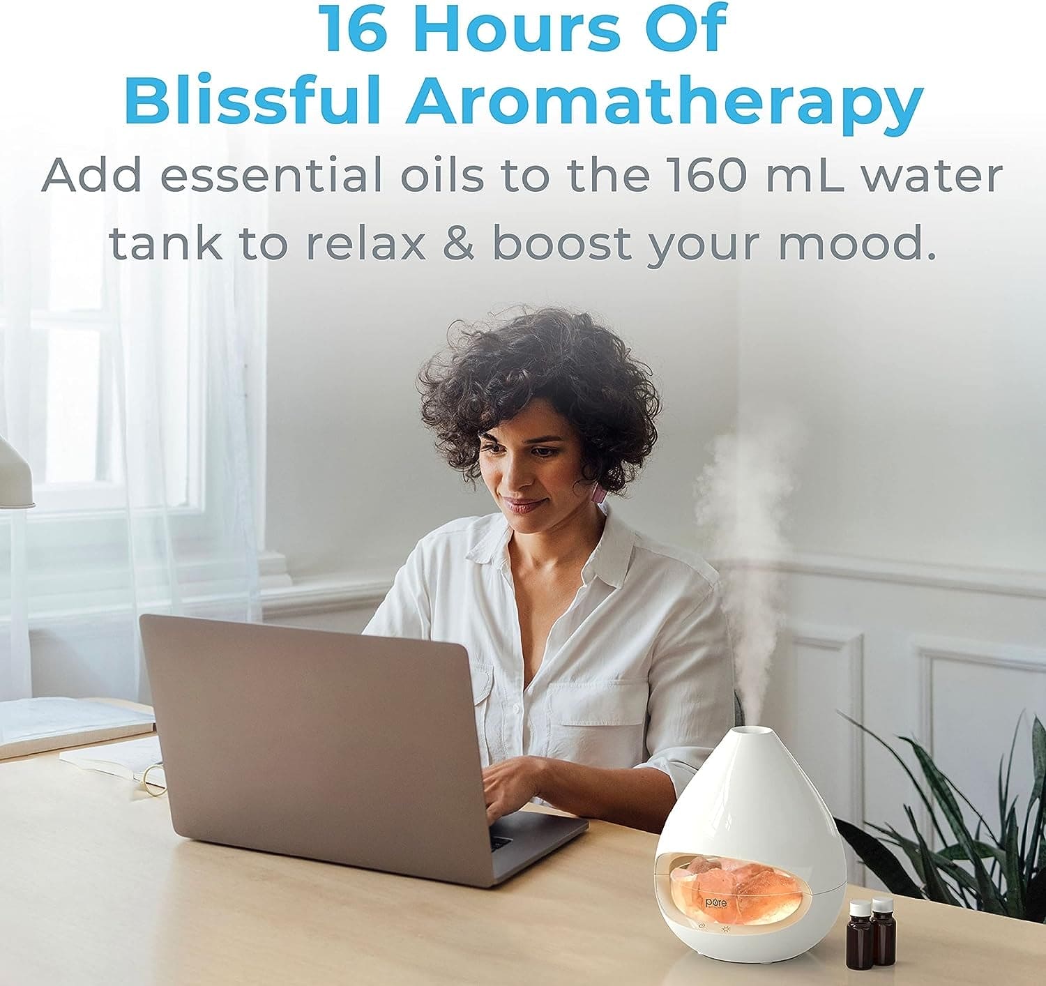 ® Pureglow™ Crystal - 2-In-1 Himalayan Salt Lamp & Ultrasonic Essential Oil Diffuser, Original Salt Therapy Lamp, 100% Pure Himalayan Salt, Ambient Glow, 160 Ml 16-Hour Tank (White)