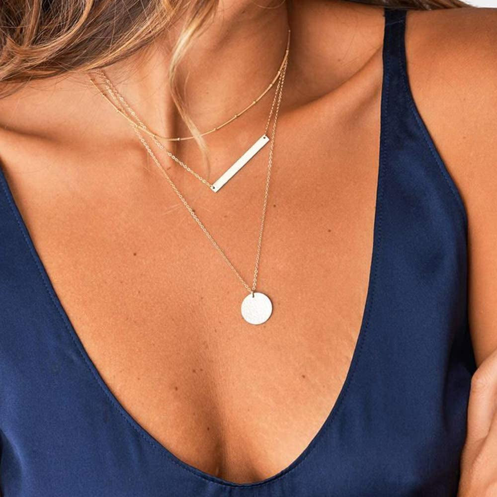 Dainty Layered Choker Necklace, Handmade 14K Gold Plated Y Pendant Necklace Multilayer Bar Disc Necklace Adjustable Layering Choker Necklaces for Women