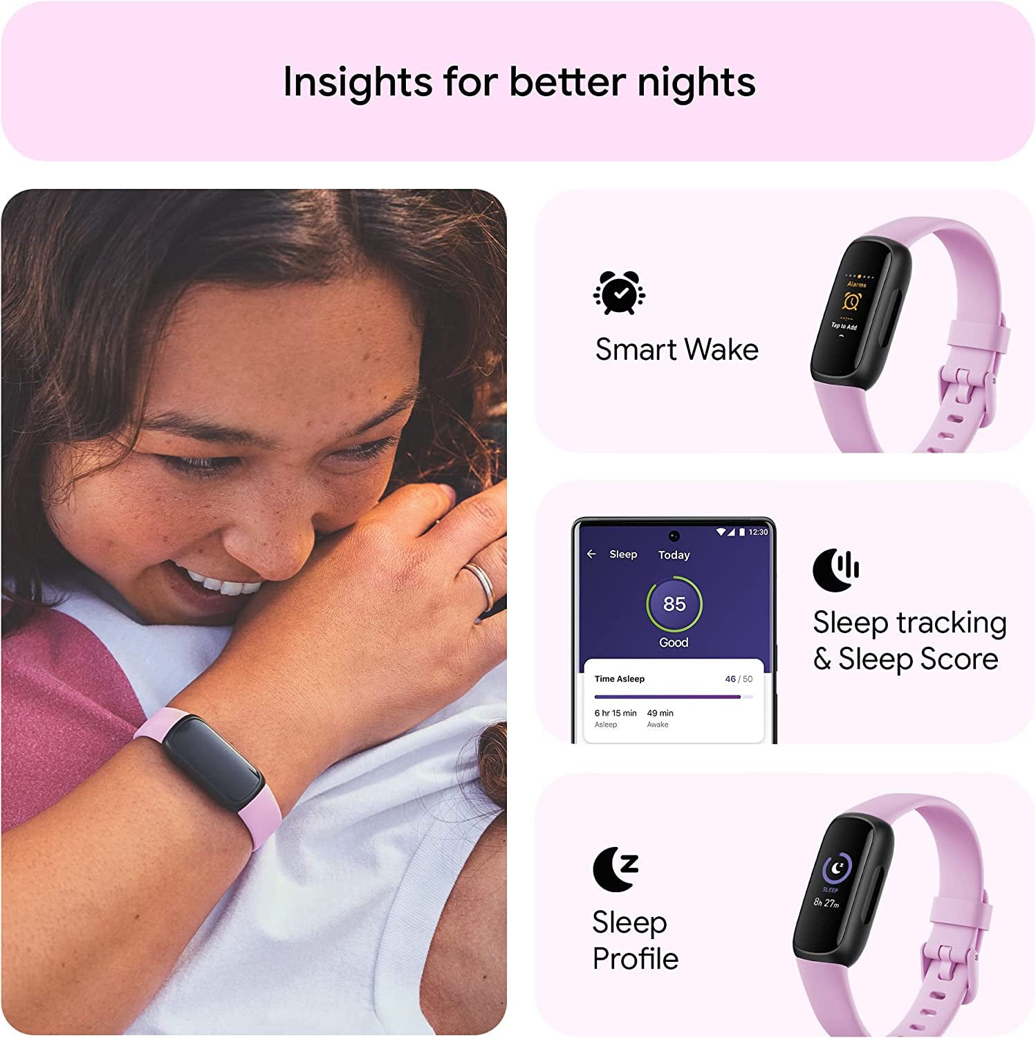 Fitbit Inspire 3 Health & Fitness Tracker with Stress Management, Workout Intensity, Sleep Tracking, 24/7 Heart Rate and More, Lilac Bliss/Black, One Size (S & L Bands Included)