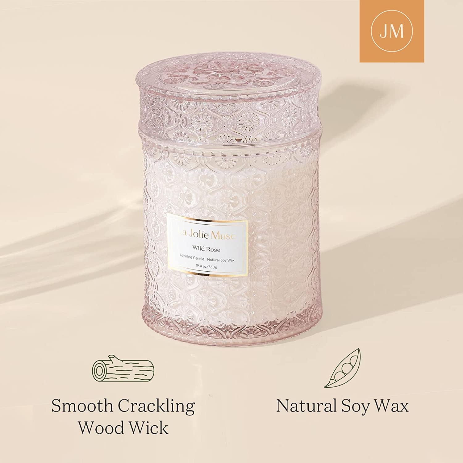 Candle Gift for Women, Rose Scented Candle, Wood Wicked Glass Jar Candles for Home Scented, Large Candle, Long Burning Time, 19.4 Oz