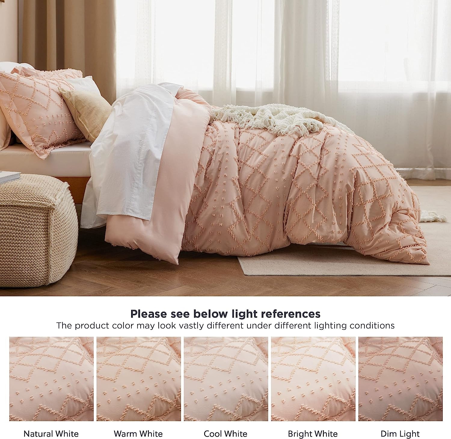 Bedsure Boho Comforter Set Queen - Coral Pink Tufted Shabby Chic Bedding Comforter Set for All Seasons, 3 Pieces Western Comforter Set, Farmhouse Modern Bed Set, Spring Bedding for Women Men Girls