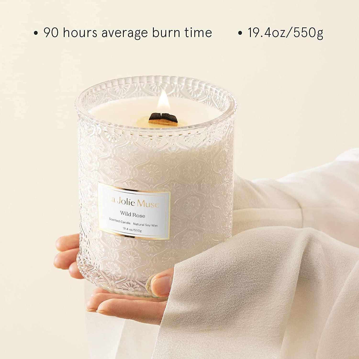 Candle Gift for Women, Rose Scented Candle, Wood Wicked Glass Jar Candles for Home Scented, Large Candle, Long Burning Time, 19.4 Oz