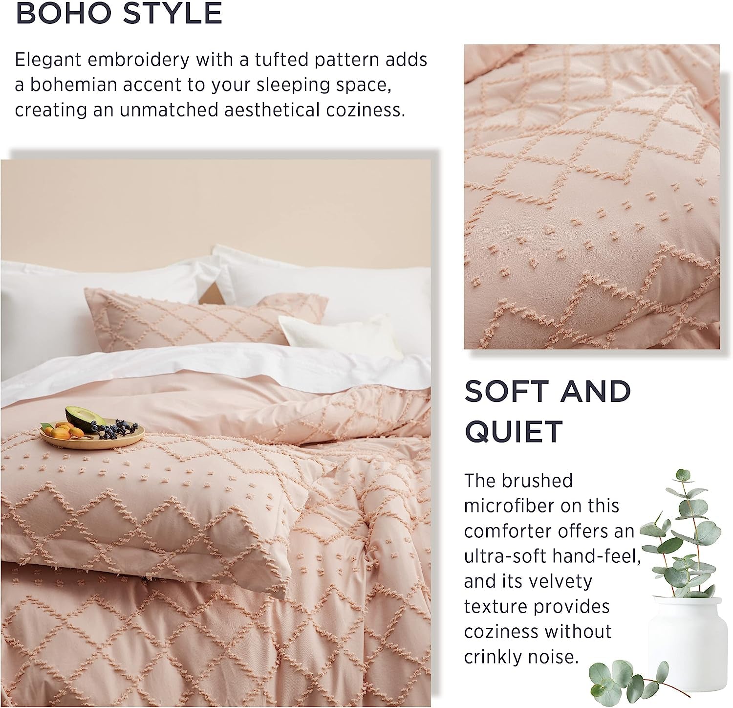 Bedsure Boho Comforter Set Queen - Coral Pink Tufted Shabby Chic Bedding Comforter Set for All Seasons, 3 Pieces Western Comforter Set, Farmhouse Modern Bed Set, Spring Bedding for Women Men Girls