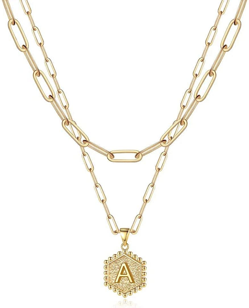 Dainty Layered Initial Necklaces for Women Trendy, 14K Real Gold Plated Paperclip Chain Necklace Cute Hexagon Letter Pendant Initial Choker Necklace Gold Layered Necklaces for Women