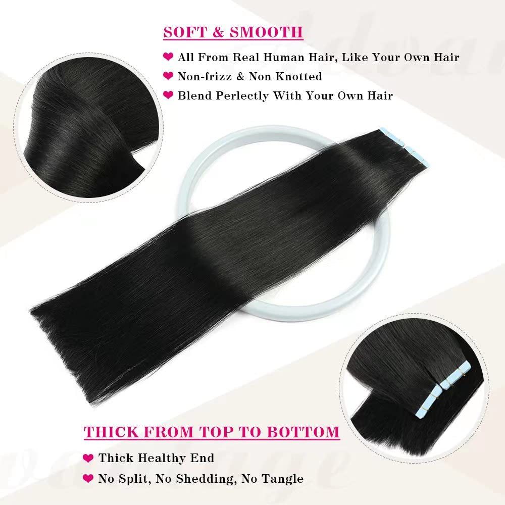 Tape in Hair Extensions Human Hair 100% Real Remy Human Hair Extensions Seamless Straight Hair Extensions Real Human Hair Tape in Extensions 20 Inch 20Pieces 50G/Set #1 Jet Black