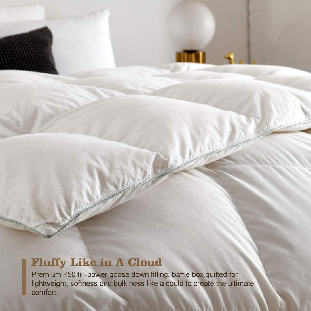 Luxury King Goose Feathers down Comforter, Ultra-Soft Egyptian Cotton Cover, 750 Fill Power Medium Weight for All Season Hotel Style Fluffy Duvet Insert with Ties (106X90 Inches, White)
