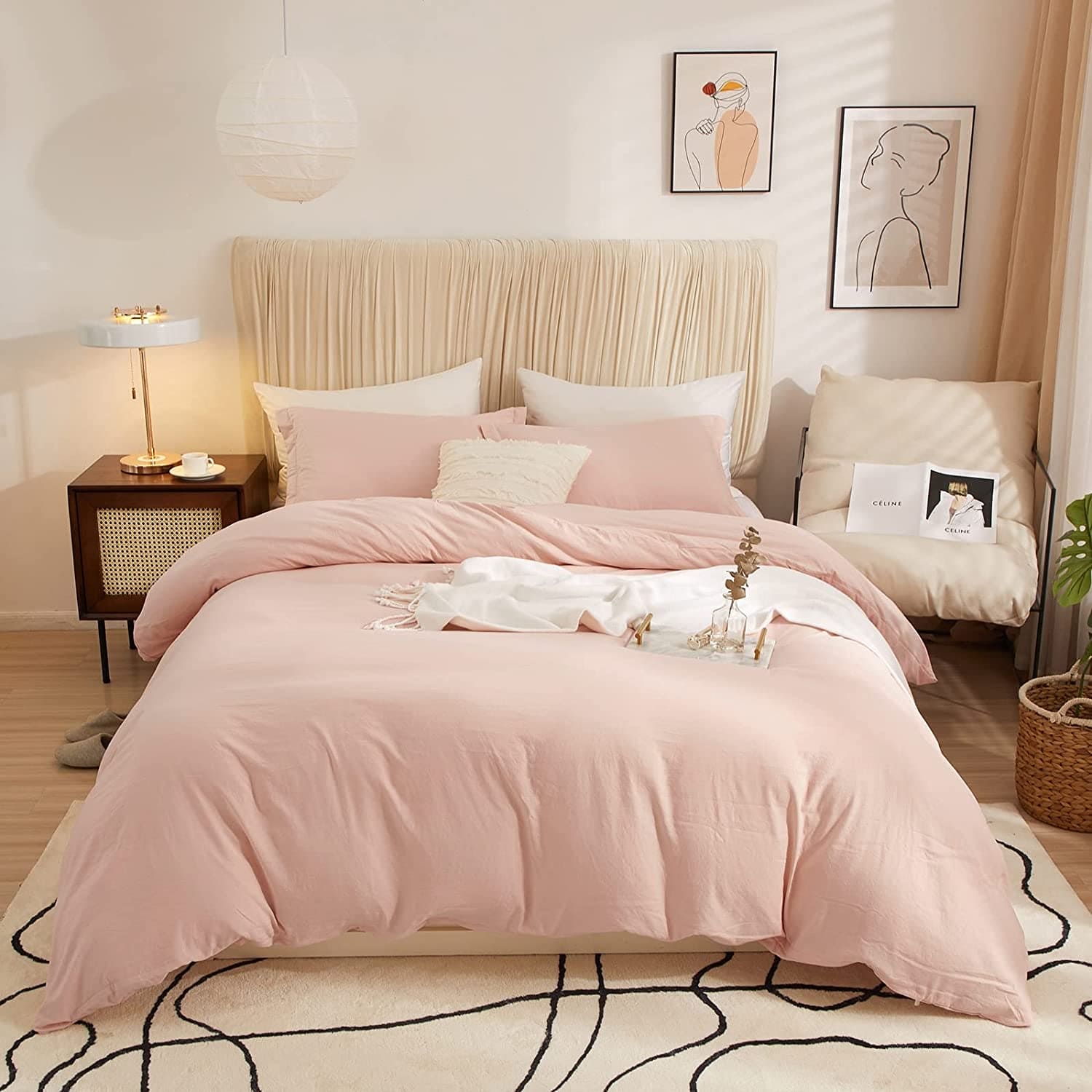 Pink Duvet Cover Queen Full Bedding Sets Washed Microfiber Blush Comforter Protector Cover, 3 Pieces Boho Style Solid Pink Quilt Cover Set, 1 Pink Queen Duvet Cover 90X90 and 2 Pillow Shams