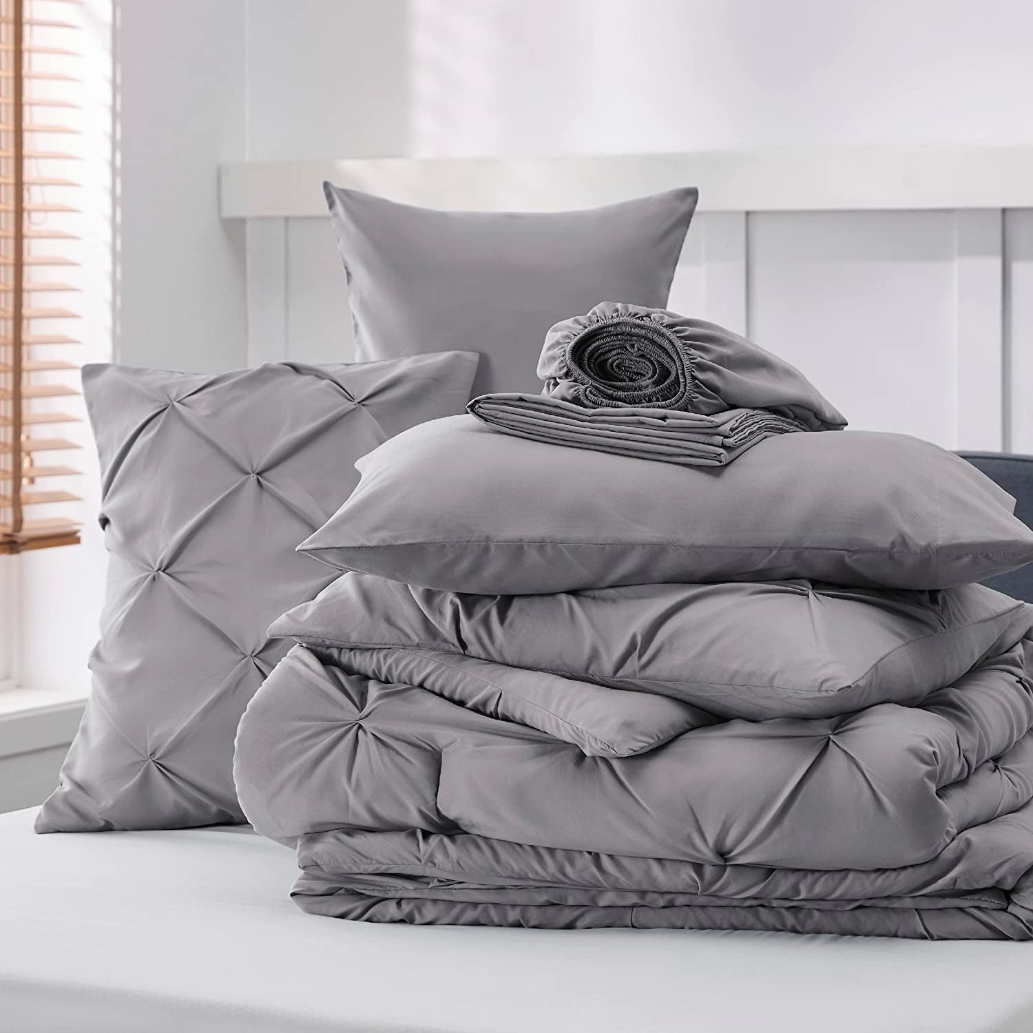 Bedsure Queen Comforter Set - 7 Pieces Comforters Queen Size Grey, Pintuck Bedding Sets Queen for All Season, Bed in a Bag with Flat Sheet and Fitted Sheet, Pillowcases & Shams