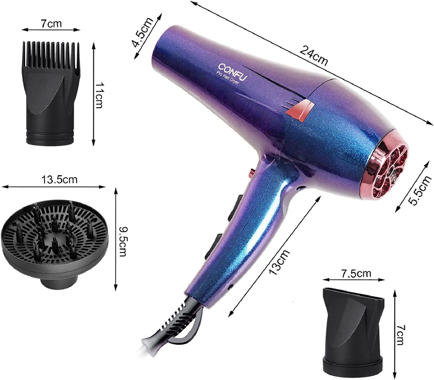 Professional Hair Dryer, Compact Blow Dryer, Negative Ionic Hair Dryer with Diffuser and Concentrator, for Quick Drying, ETL Certified, Purple