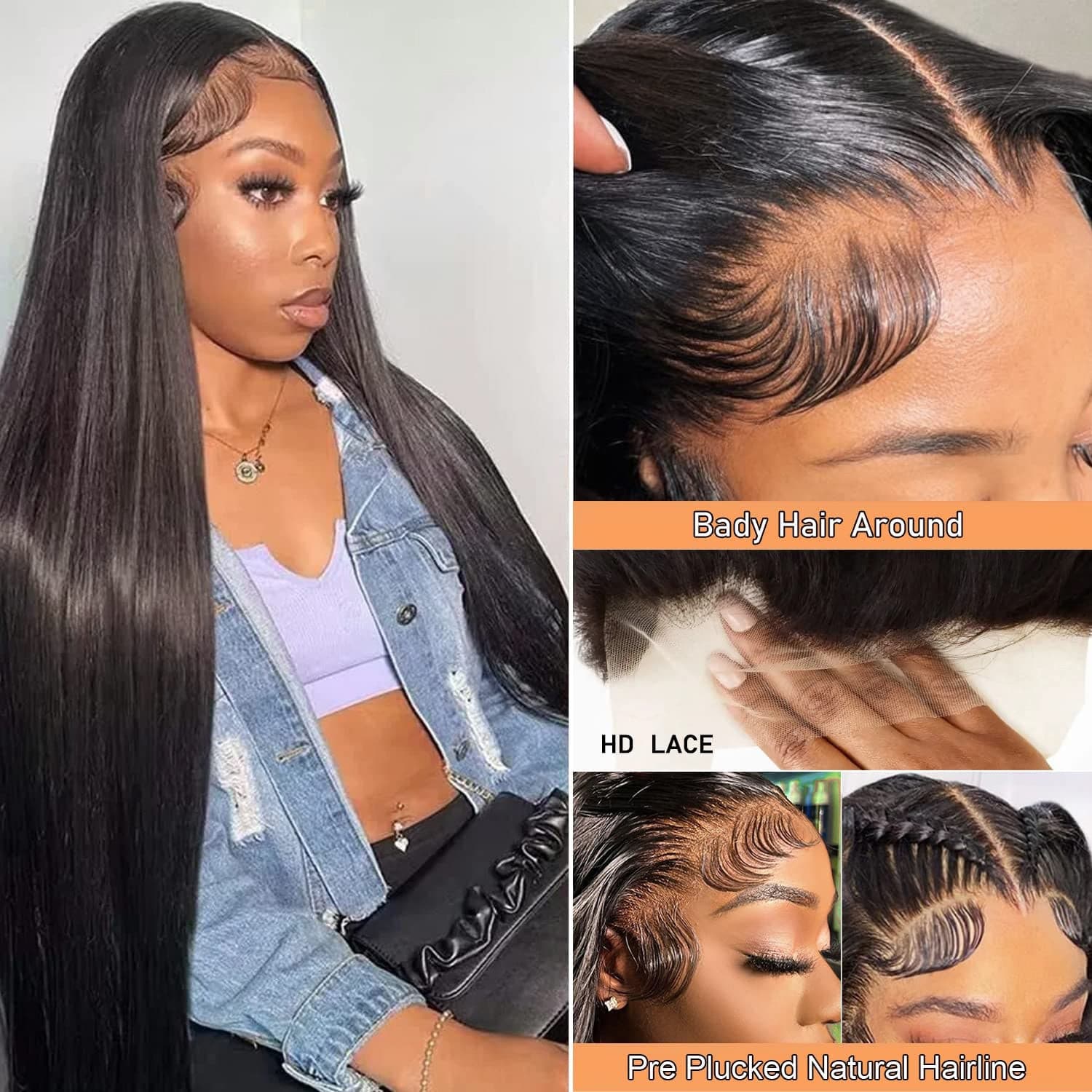 Straight Lace Front Wigs Human Hair Pre Plucked 13X4 Transparent HD Lace Frontal Wigs 180% Density Glueless Lace Front Wig Brazilian Virgin Human Hair Wig for Black Women with Baby Hair 24 Inch