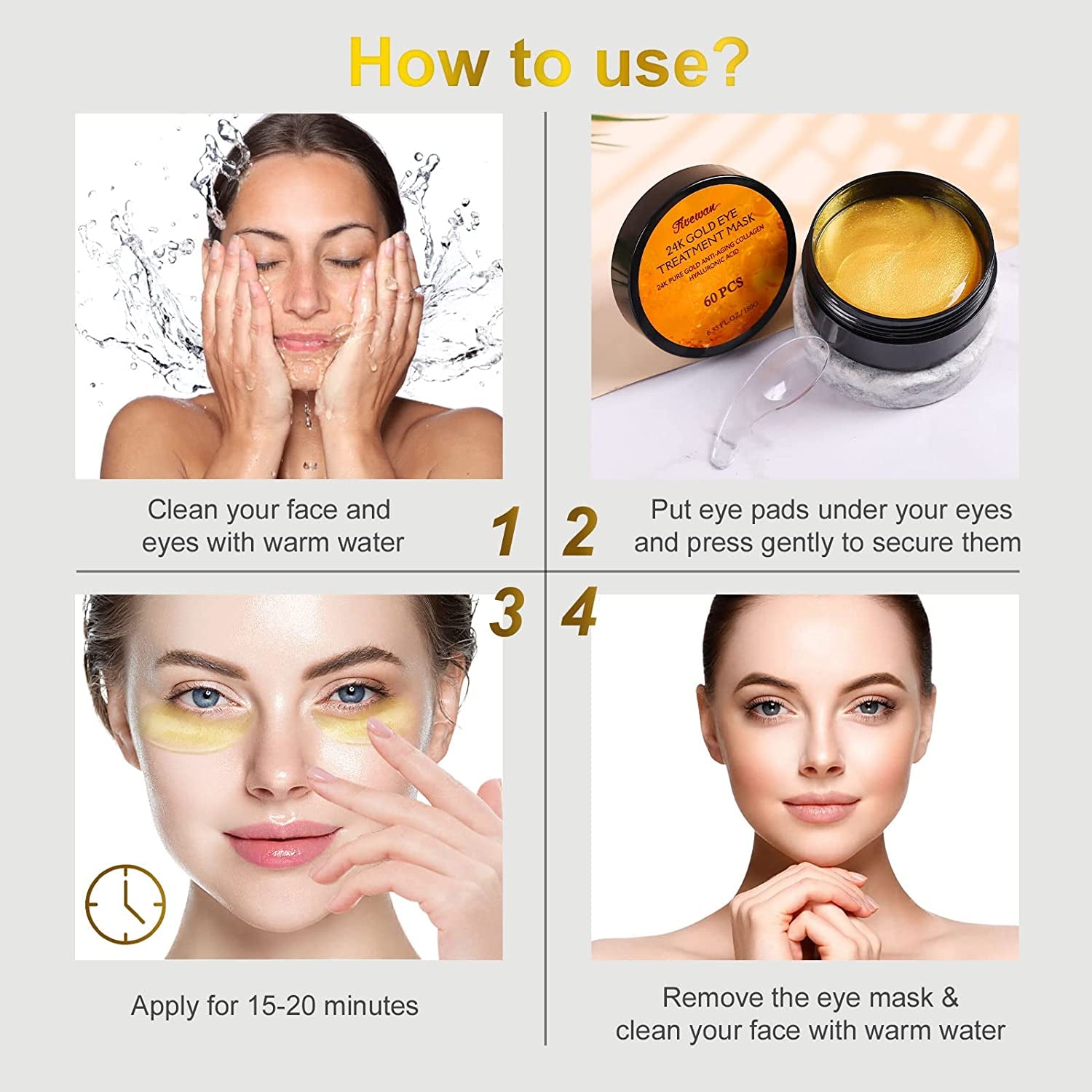 24K Gold under Eye Patches - 60 Pcs Eye Mask Pure Gold Anti-Aging Collagen Hyaluronic Acid under Eye Mask for Removing Dark Circles, Puffiness & Wrinkles Refresh Your Skin