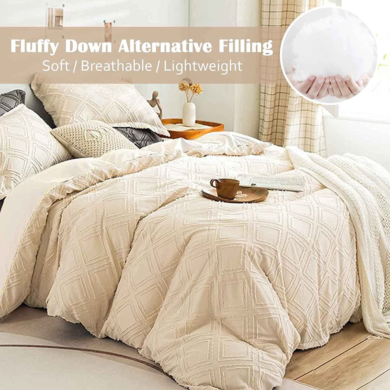 Queen Comforter Set Beige Tufted Jacquard Boho Geometry Soft Shabby Chic down Alternative Microfiber Bedding - All Season Duvet Modern Farmhouse Bed Sets Women Men Size 90 X90 3Pc Cream Tan