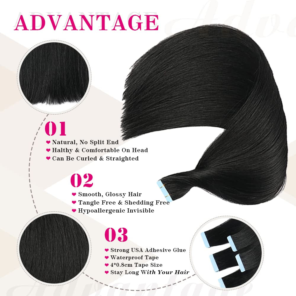 Tape in Hair Extensions Human Hair 100% Real Remy Human Hair Extensions Seamless Straight Hair Extensions Real Human Hair Tape in Extensions 20 Inch 20Pieces 50G/Set #1 Jet Black