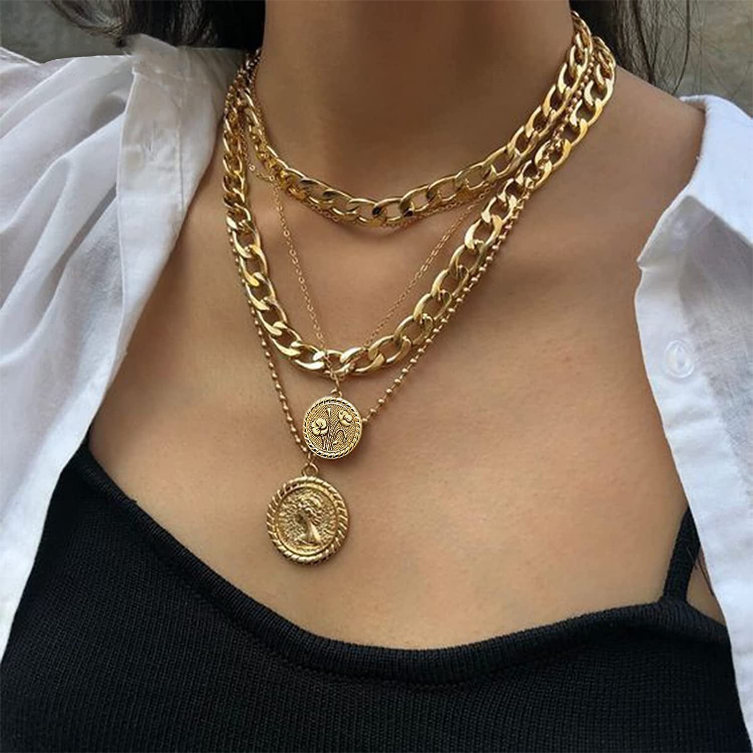 Mjartoria Gold Layered Necklaces for Women Trendy Retro Coin Pendant Gold Necklace Dainty Chunky Link Chain Choker Necklaces for Girls Jewelry Birthday Gifts