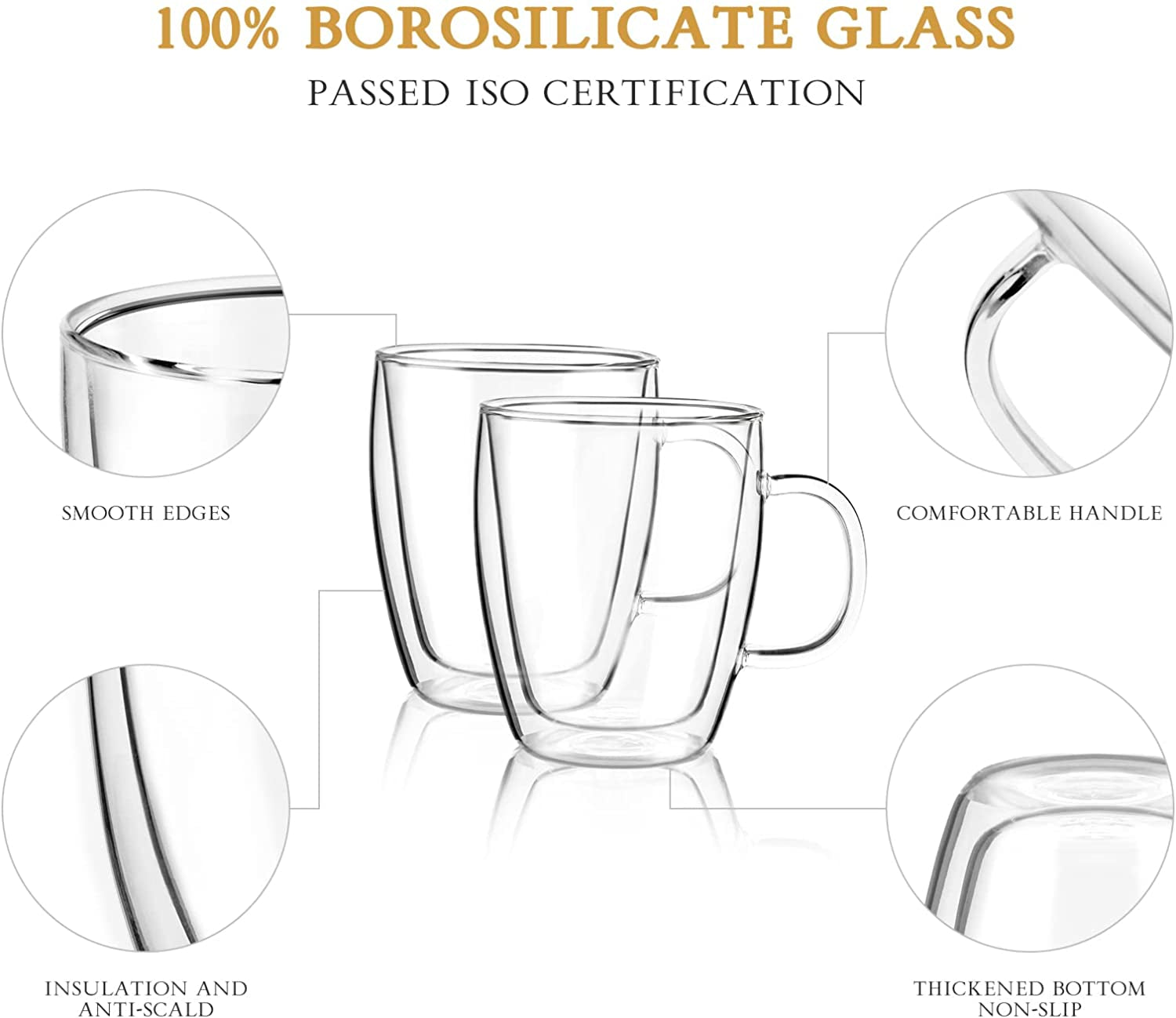Double Wall Coffee Mugs, (4-Pcak) 16 Ounces-Clear Glass with Handle,Insulated,Cappuccino,Tea ,Latte Cups,Beverage Glasses Heat Resistant