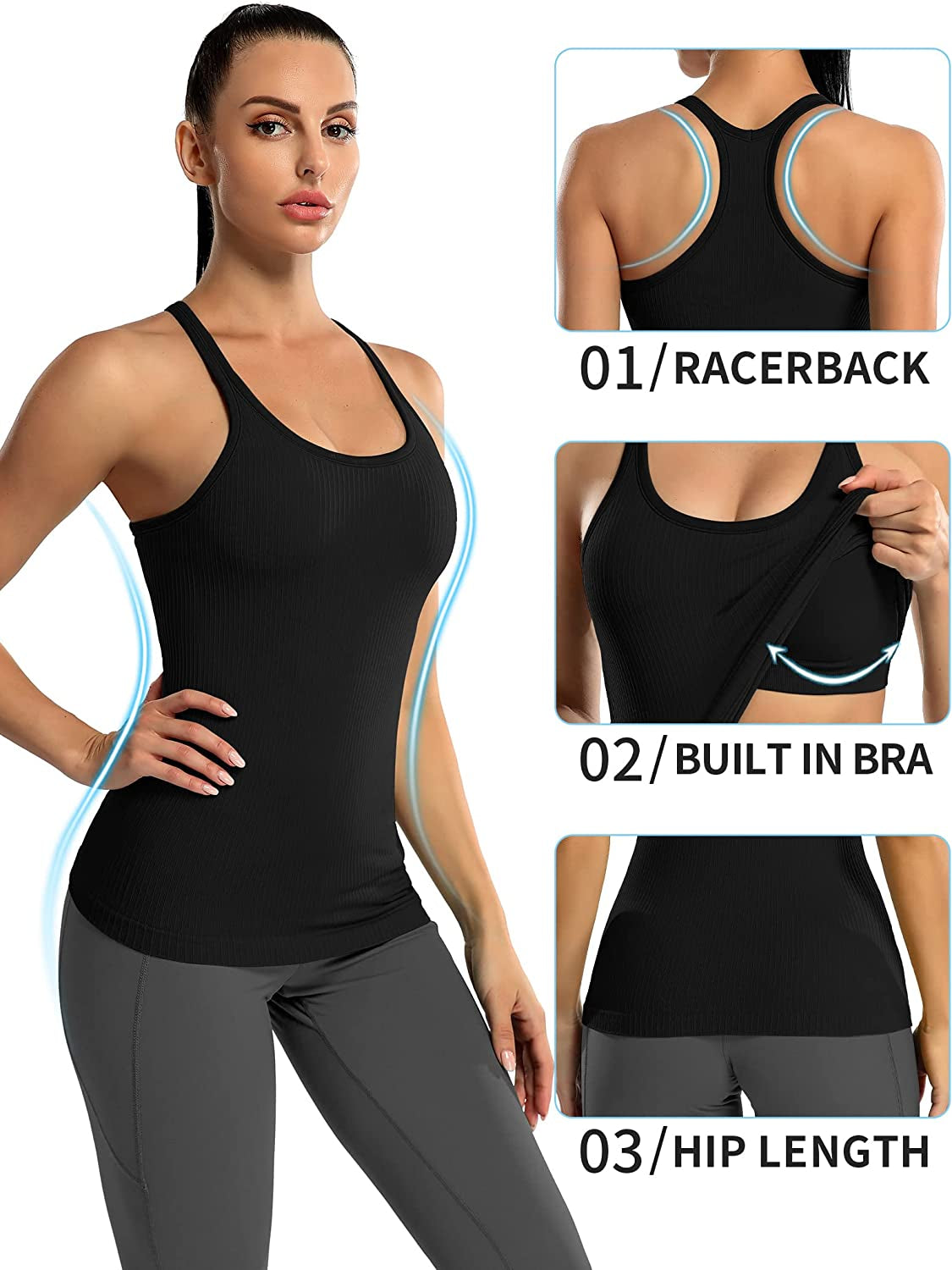 Ribbed Workout Tank Tops for Women with Built in Bra Tight Racerback Scoop Neck Athletic Top