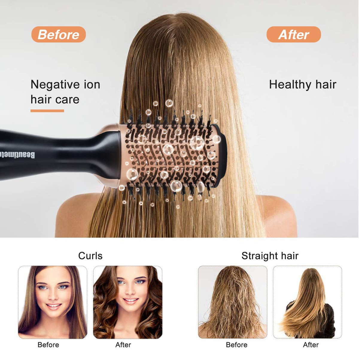 Hot Air Brush, Hair Dryer Brush & Volumizer, 3 in 1 Negative Ionic Hair Styler for Straightening, Curling, 1000W, Black & Gold