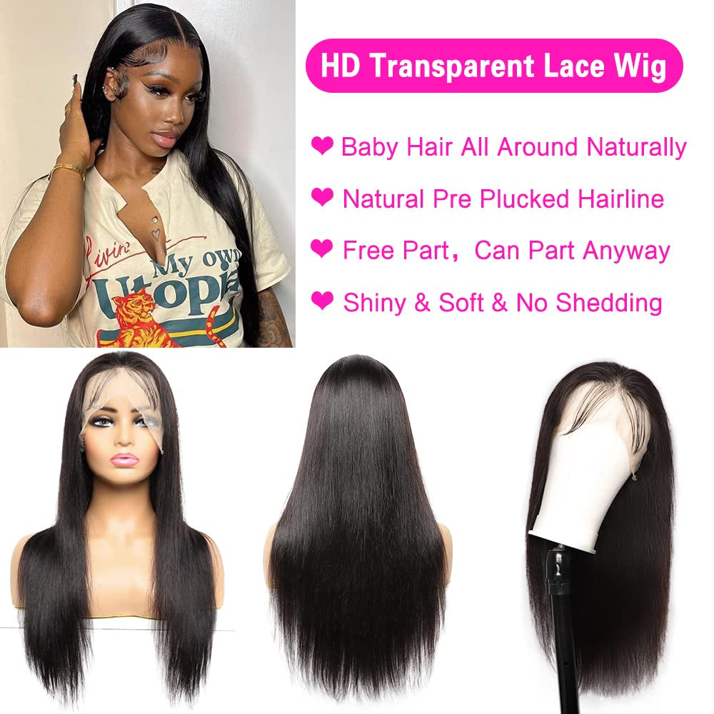22 Inch Straight Lace Front Wigs Human Hair Pre Plucked Hairline 13X4 HD Transparent Lace Frontal Wigs with Baby Hair Glueless 180% Density Brazilian Virgin Human Hair Lace Front Wigs for Black Women Natural Color (22 Inch)