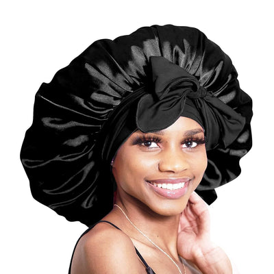 Silk Bonnet for Sleeping Women Satin Bonnet Hair Bonnet Large Bonnet Night Sleep Cap Scarf Wrap for Curly Hair with Tie Band Black