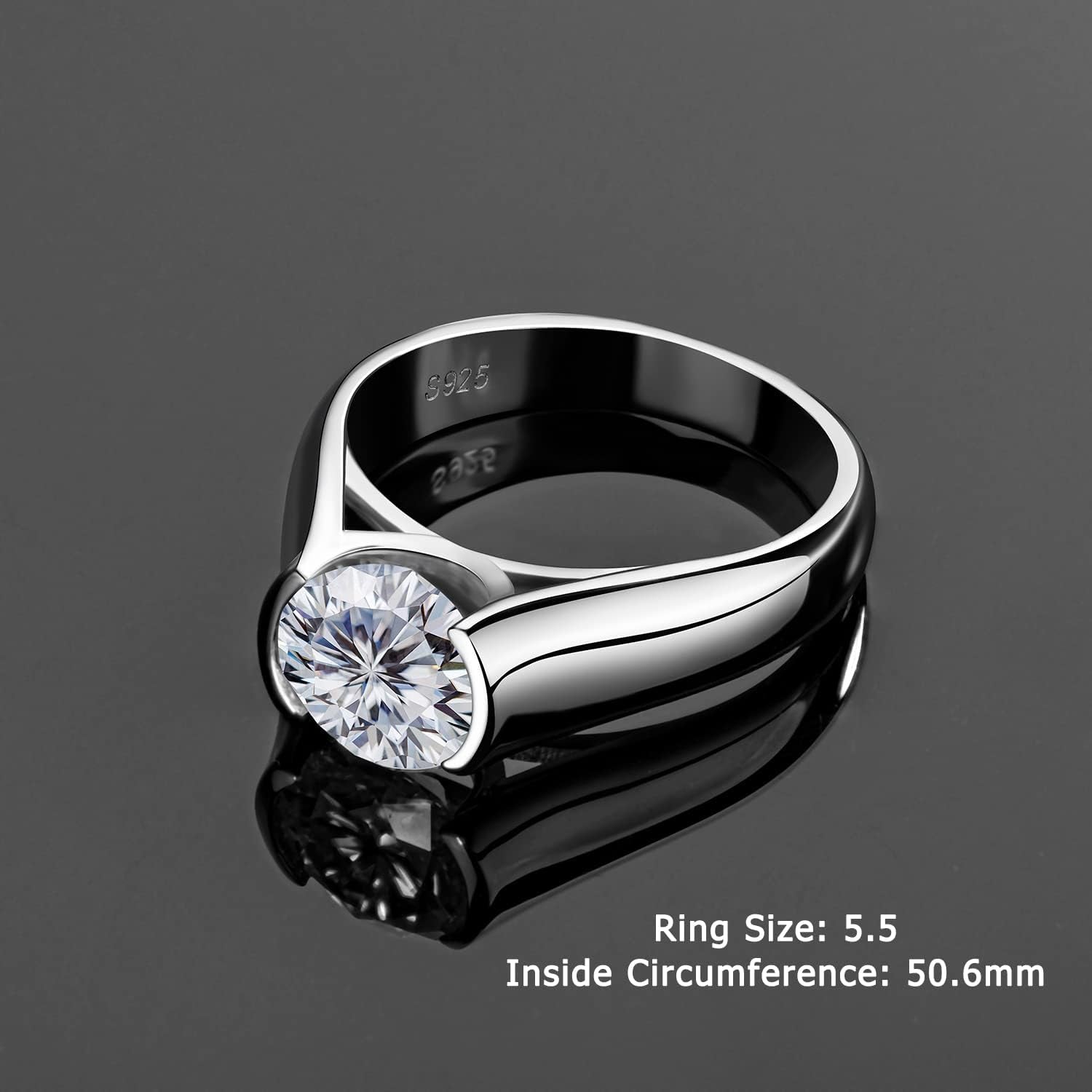 2 Carat Moissanite Half Bezel Set Ring for Women Platinum-Plated Silver D Color VVS 8 Mm Moissanite Solitaire Engagement Promise Band