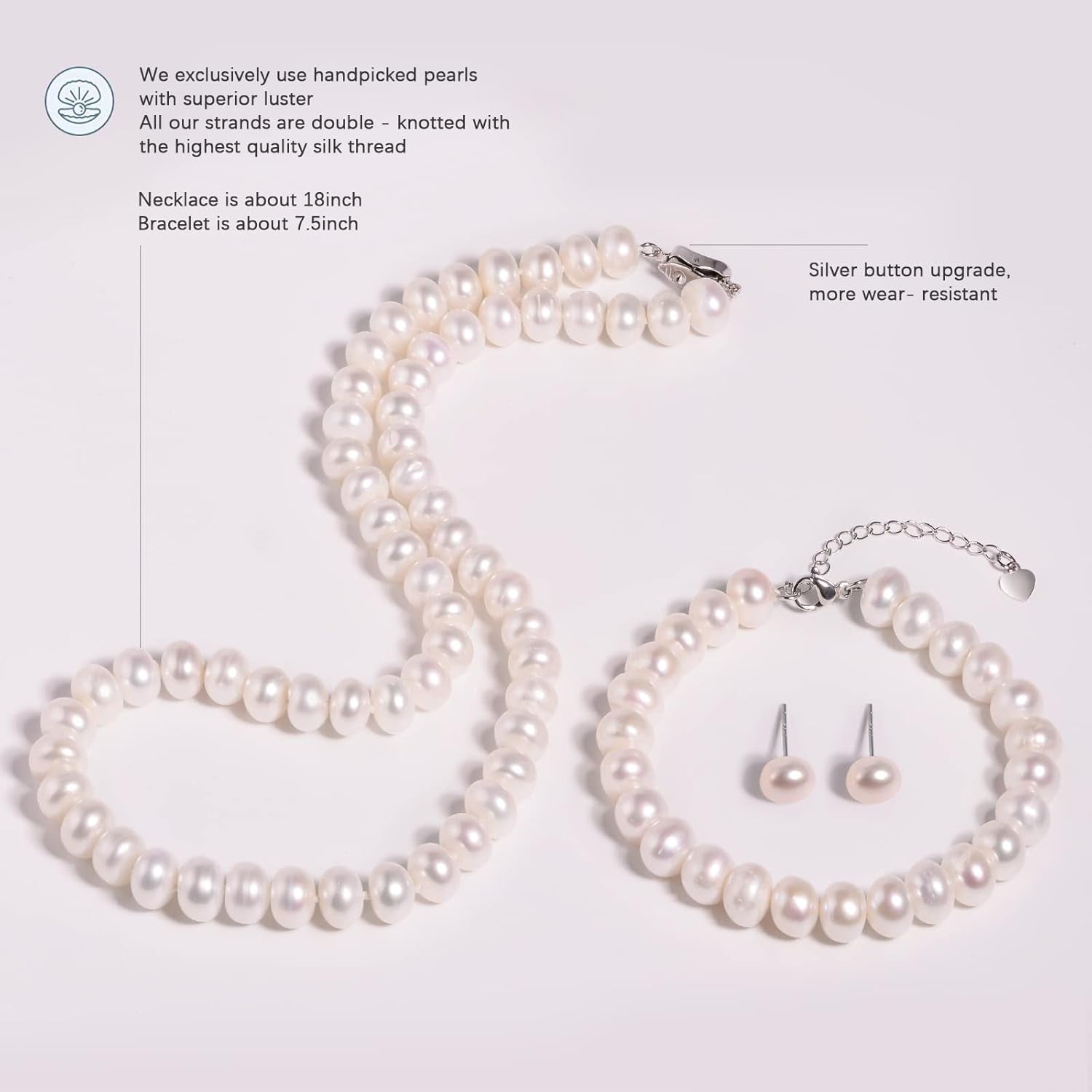 Freshwater Cultured Pearl Necklace Set - Real Pearl Necklace Set Includes Stunning Bracelet and Stud Earrings Jewelry Set for Women