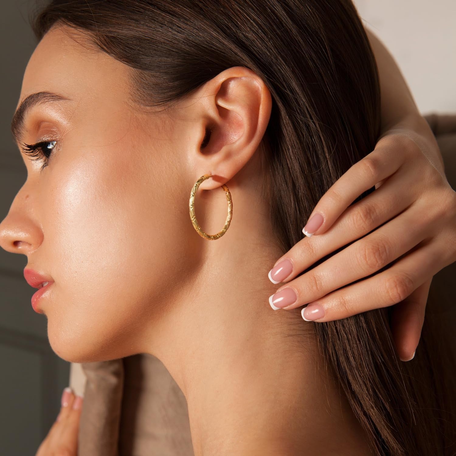 Gold Hoops Earrings for Women 14K Gold Earring Thick Hoop Earring for Womens Earrings Solid Line Cutting Design 30Mm