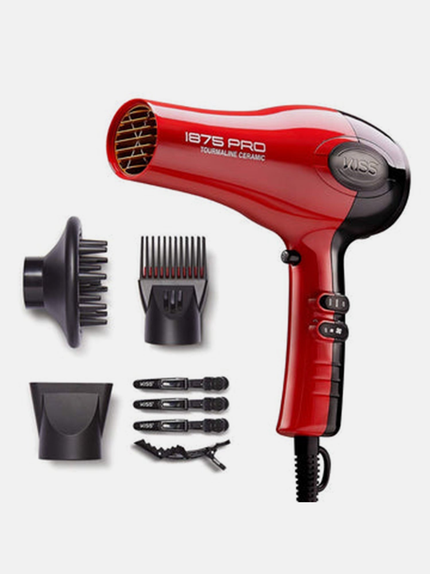 1875 Watt Pro Tourmaline Ceramic Hair Dryer, 3 Heat Settings, 2 Speed Slide Switch, Cool Shot Button, 2 Detangler Combs, 1 Concentrator, 1 Diffuser, Removable Filter Cap & 4 Sectioning Clips