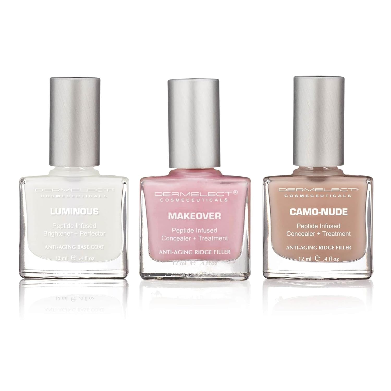 Instant Nail Makeover Trio - Luminous Nail Brightener, Makeover Ridge Filler & Camo-Nude Base Coat - Strengthen & Conceal Damaged Nails, Peptide Infused, Nail Repair & Treatment (3 Pc Set)