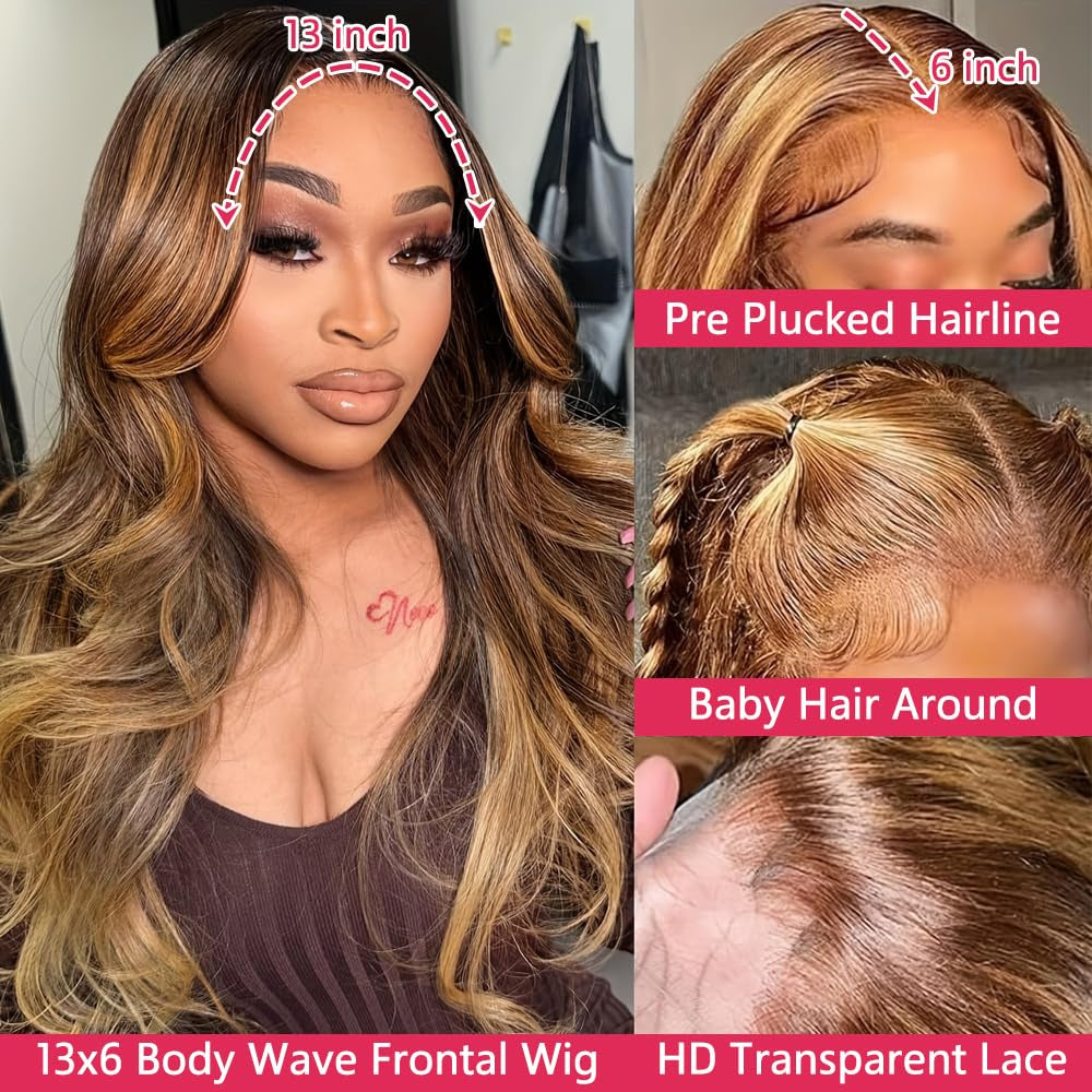 30 Inch Honey Blonde Ombre Lace Front Wig Human Hair 13X6 HD Lace Front Wig 4/27 Highlight Ombre Body Wave Lace Frontal Glueless Wigs Pre Plucked with Baby Hair