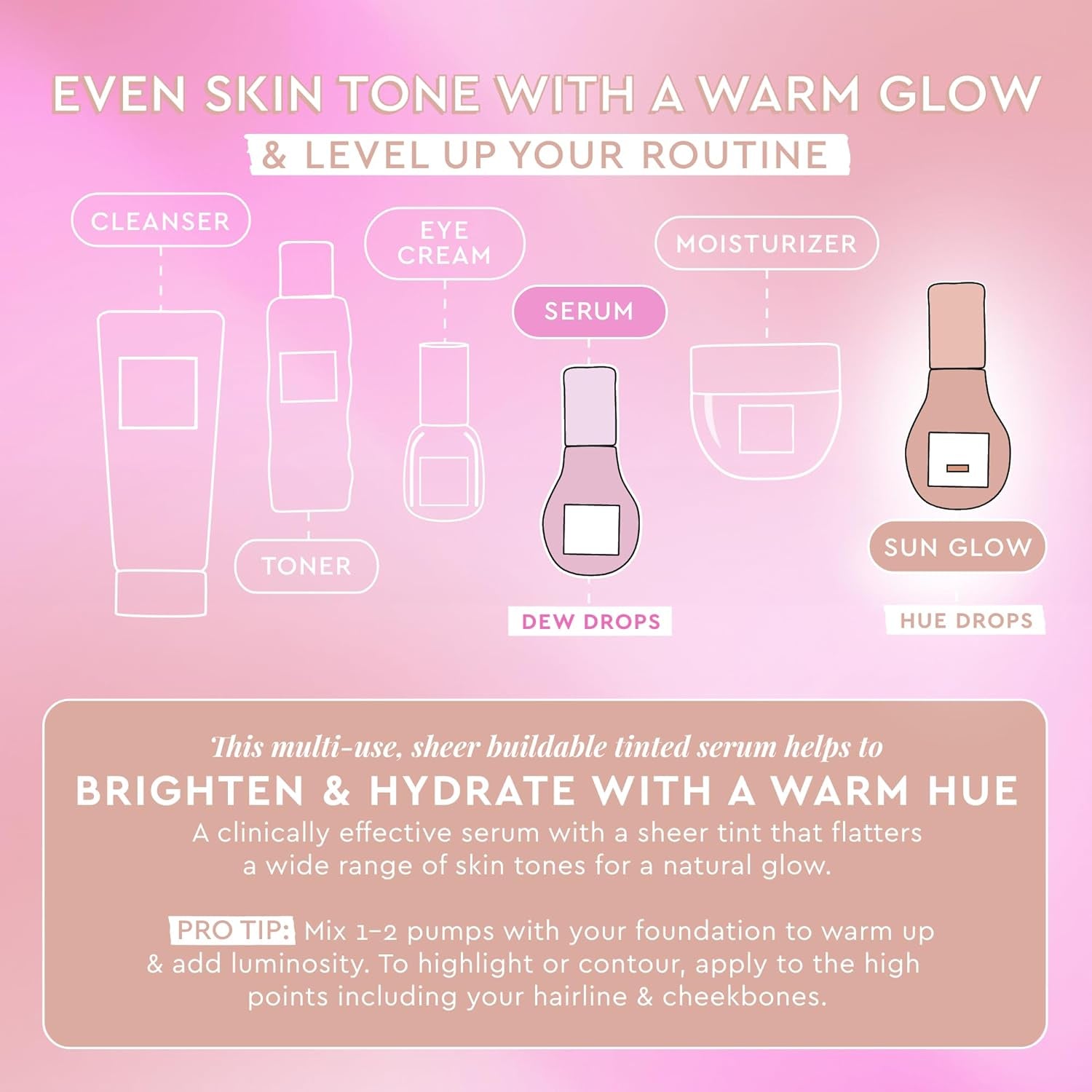 Hue Drops Face Serum - Glow Bronzing Drops + Tinted Serum to Brighten & Hydrate - Skincare Makeup Primer & Highlighter to Blur Pores for a Glowy, Even Skin Tone - Sunglow (30Ml)