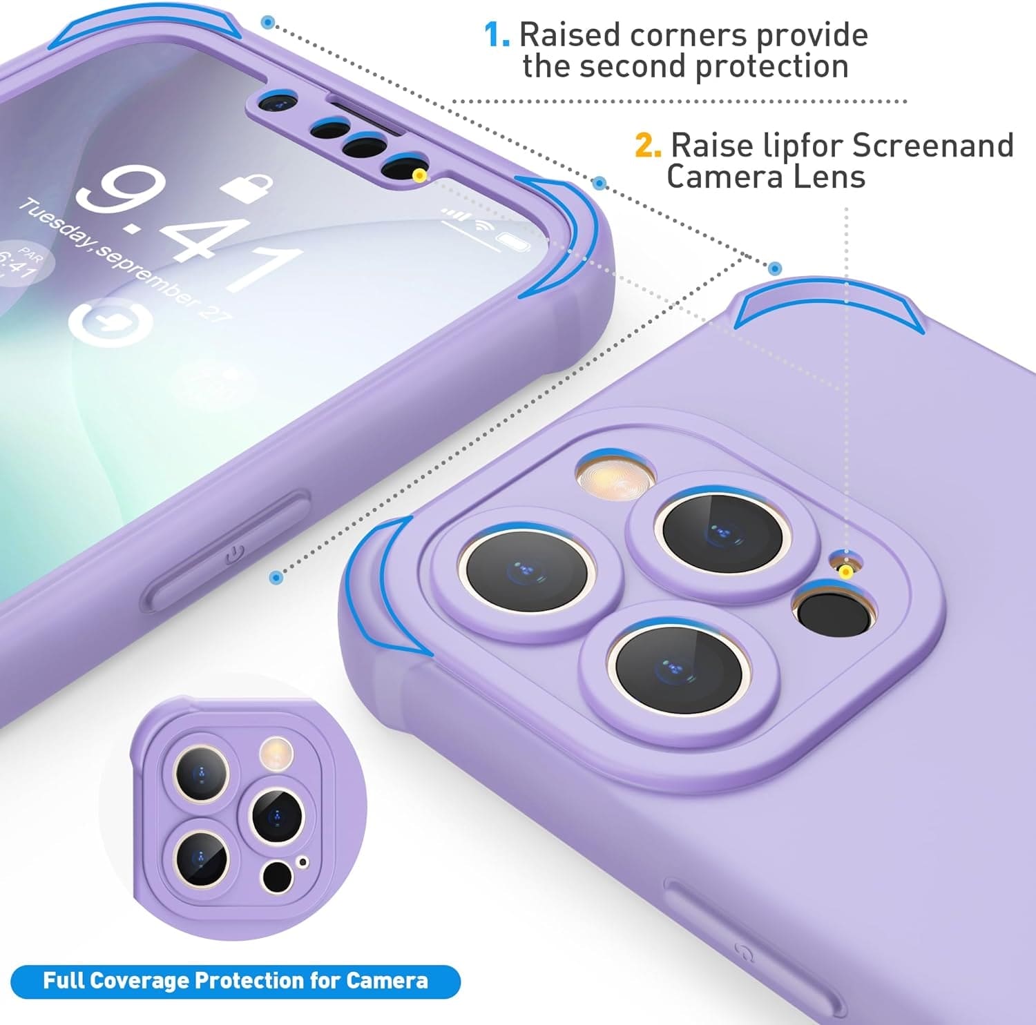 for Iphone 13 Pro Max Case, with [2 X Screen Protectors] [10 Ft Military Grade Drop Test] [Camera Protection] 360° Shockproof Slim Thin Phone Case Iphone 13 Pro Max Cover 6.7" - Light Purple