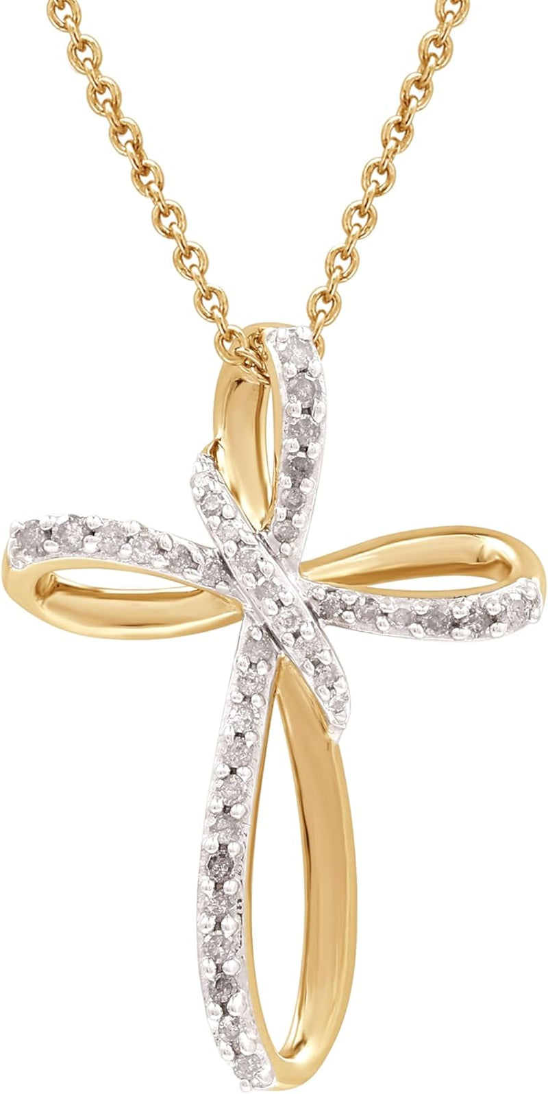 14K Yellow Gold over 925 Sterling Silver Necklace for Women with Natural Diamond and Twist Cross Pendant, 14K Gold Plated over Sterling Silver, 925 Sterling Silver, 18" Cable Chain, 1/4 Carat Total Weight Diamonds & Elegant Gift Box Included