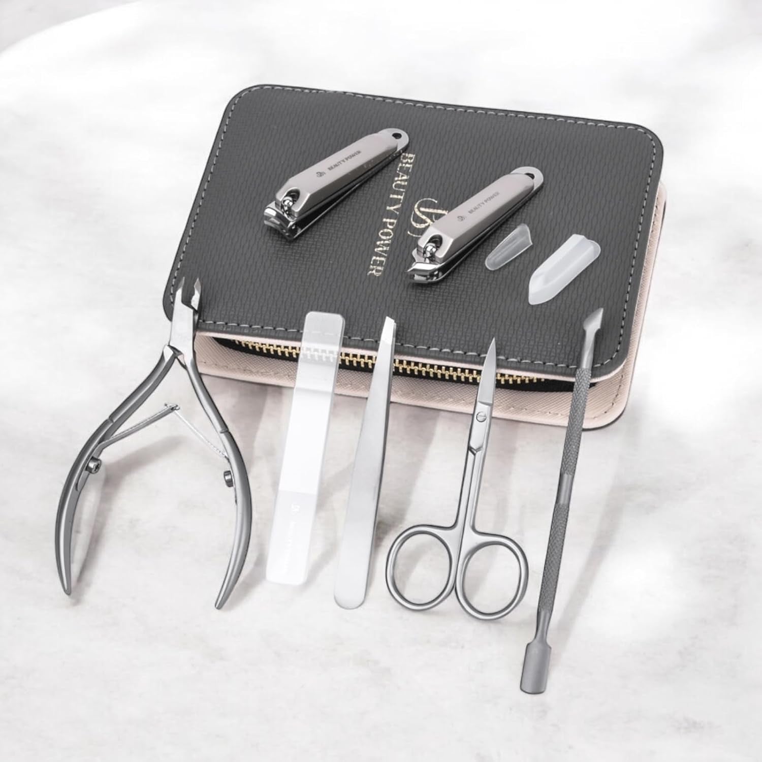 Manicure Pedicure Set 7-In-1 & Cuticle Oil Pen for Free, Stainless Steel, Ultra Sharp, Slanted Nail Clipper, Fingernail Clipper, Cuticle Nipper, Glass Nail File, Eyebrow Tweezers, Scissors, Case