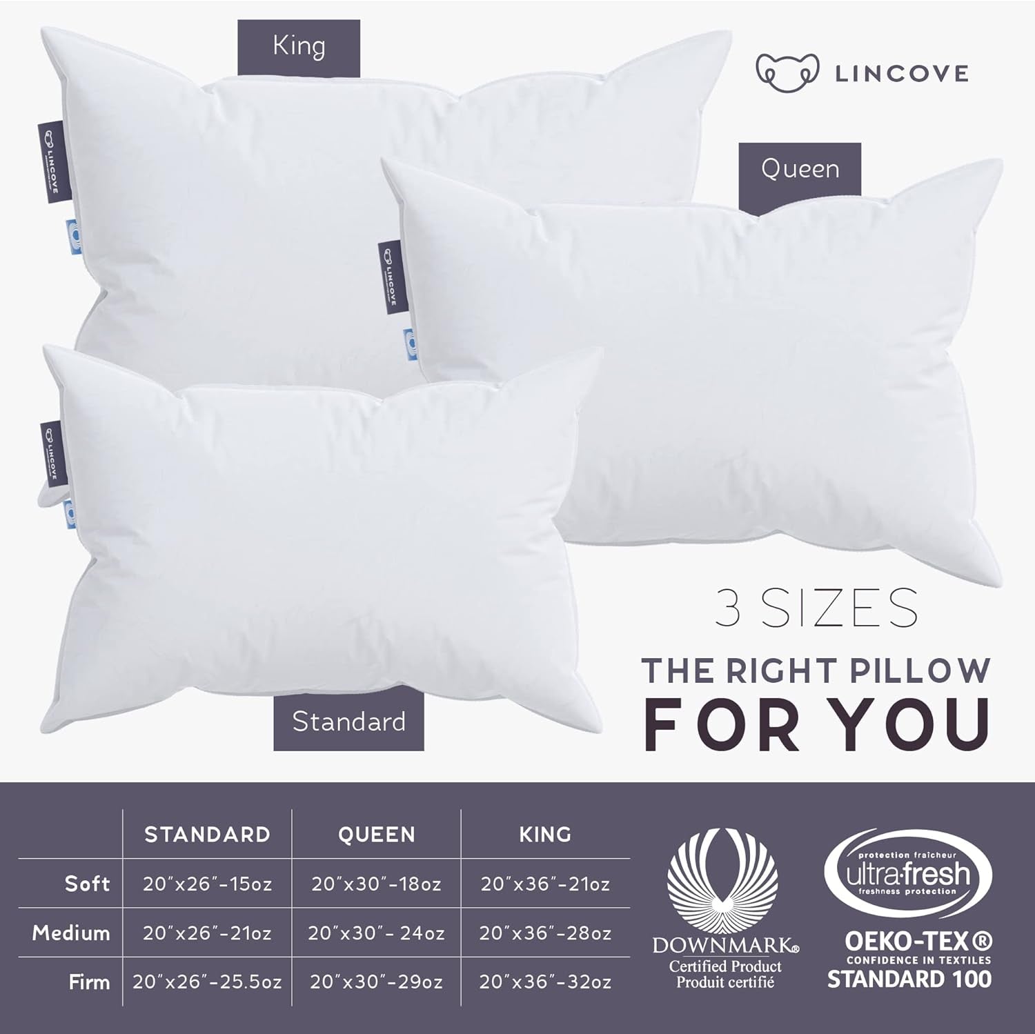 Cloud Natural Canadian down Pillow, White Luxury Sleeping Pillow - 625 Fill Power, 500 Thread Count Cotton Shell, Made in Canada, King - Medium, 2 Pack