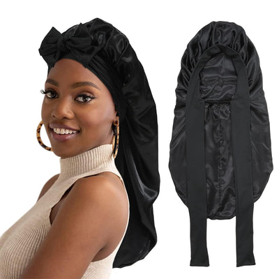 Long Satin Bonnet for Women - Double Layer Elastic Silk Bonnet for Braids Hair Sleeping Cap with Tie Band (Black)