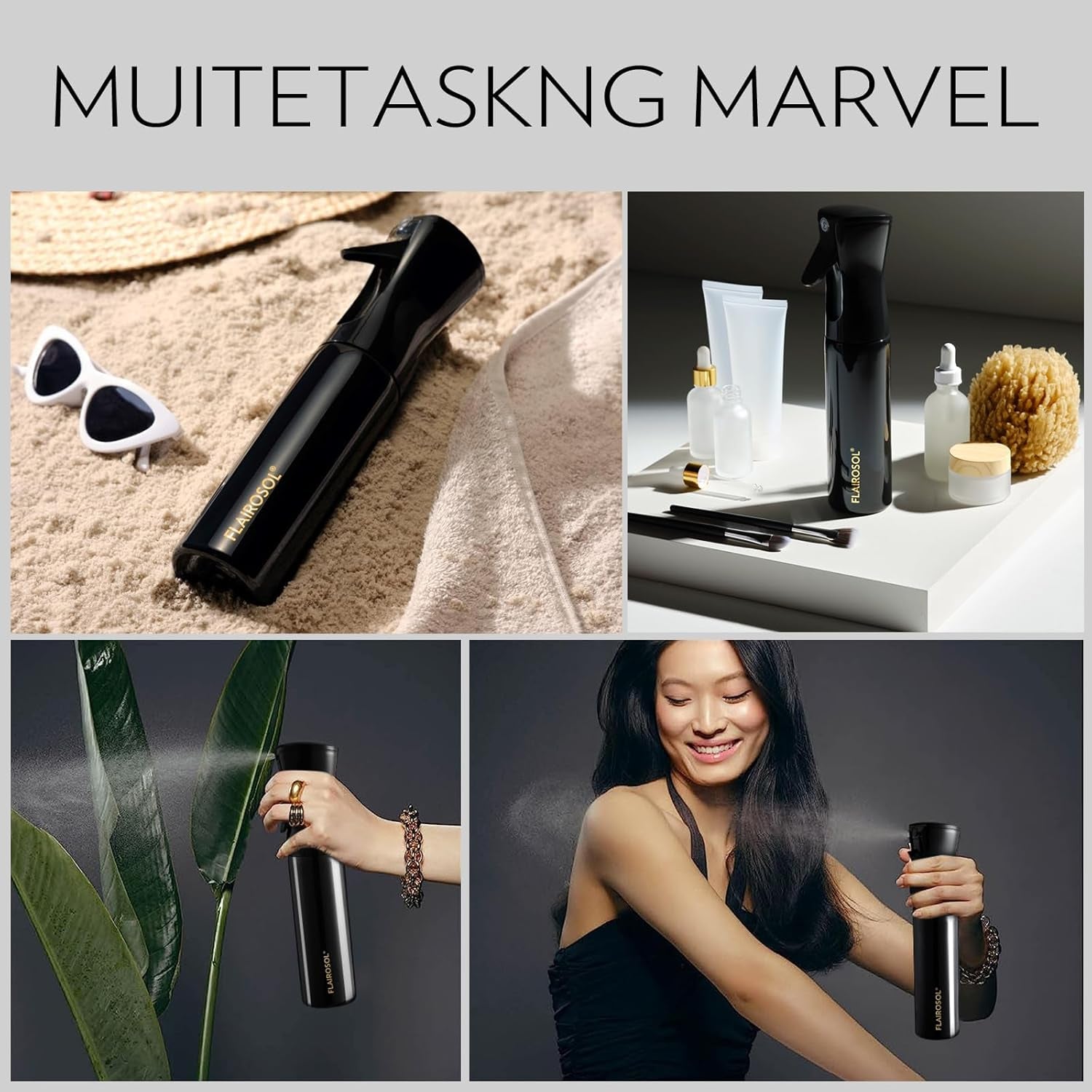 Spray Bottle for Hair, Continuous Spray Bottle with 0.3MM Ultra Fine Mist, Water Mister for Hairstyling, Cleaning, Plants, Pets, 10.1Oz/300Ml, Black Bottle, Gold Print