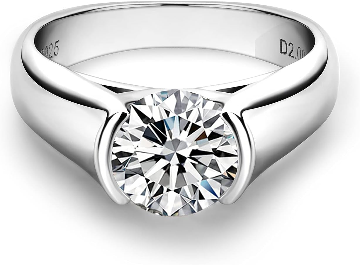 2 Carat Moissanite Half Bezel Set Ring for Women Platinum-Plated Silver D Color VVS 8 Mm Moissanite Solitaire Engagement Promise Band