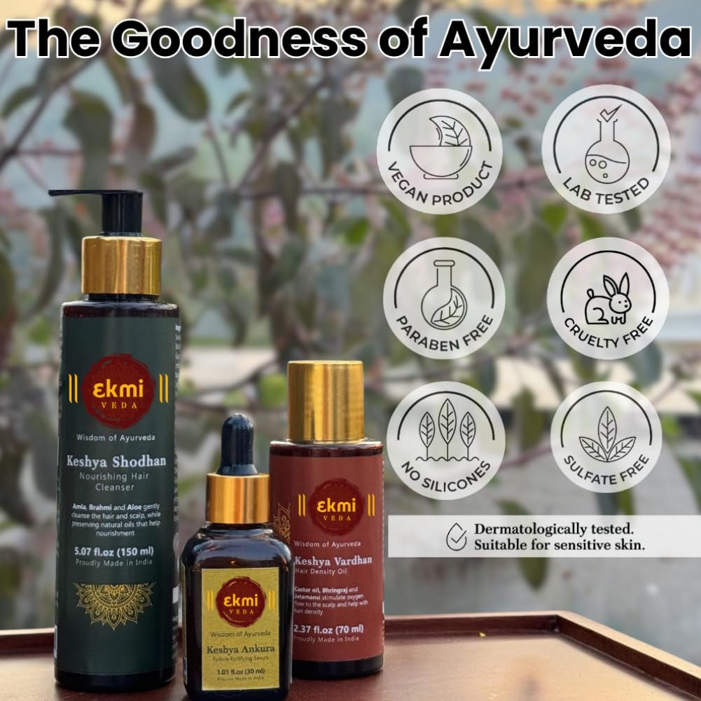 Hair Growth Set with Ayurvedic Herbs- Amla, Bhringraj, Castor, Rosemary for Hair Growth. Sulfate Free Hair Thickening Product,3 Pcs - Oil, Shampoo & Serum, 8.45 Fl Oz