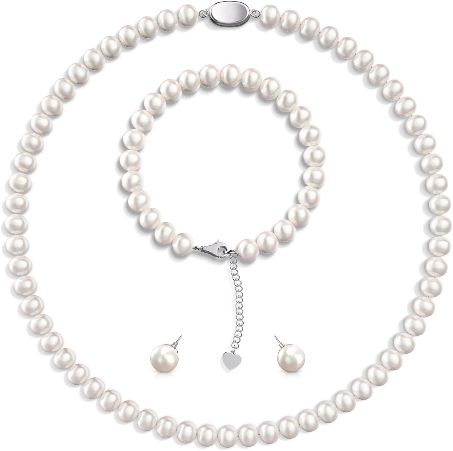 Freshwater Cultured Pearl Necklace Set - Real Pearl Necklace Set Includes Stunning Bracelet and Stud Earrings Jewelry Set for Women