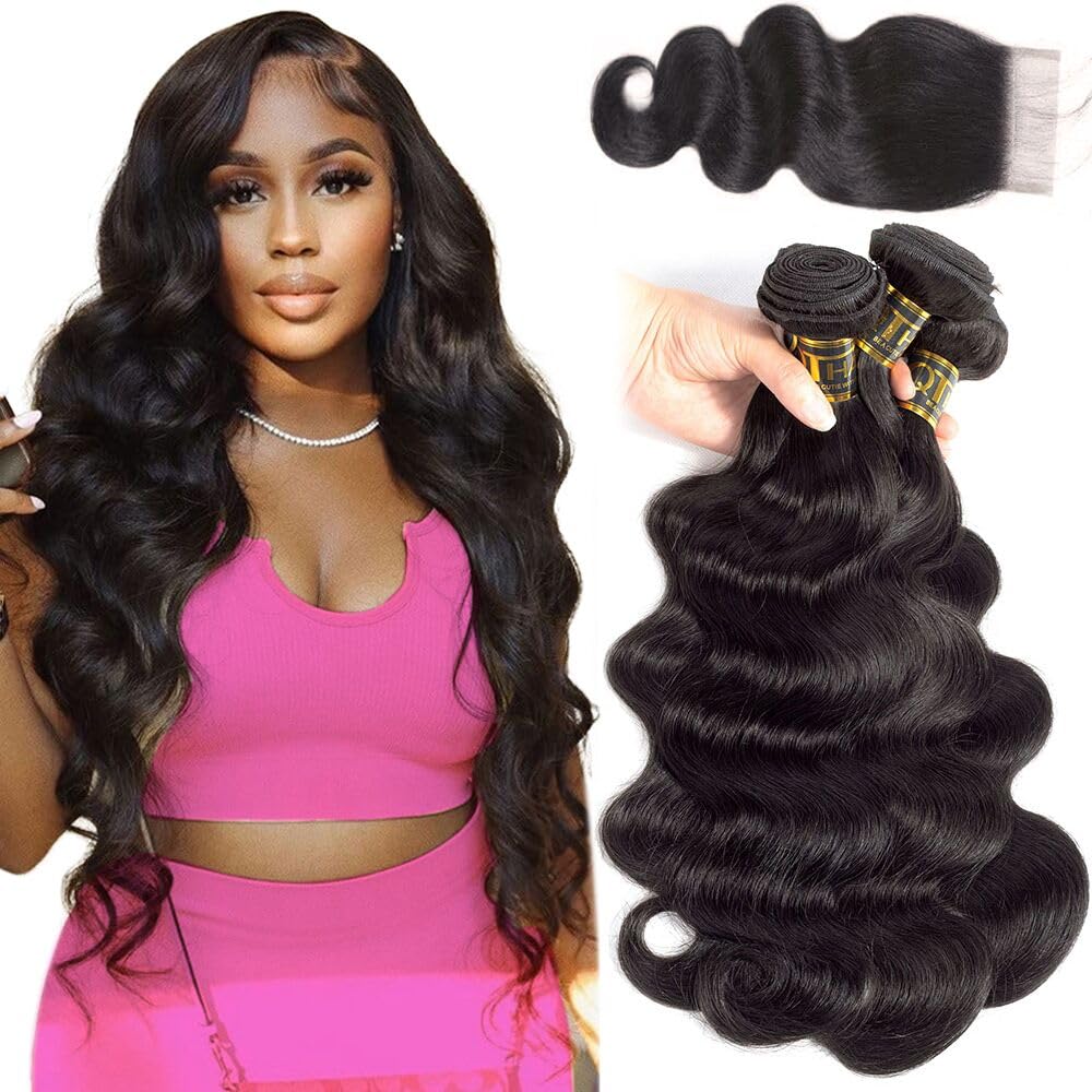 QTHAIR 3 Bundles Body Wave with 4x4 Swiss Lace Closure | 100% Unprocessed Brazilian Virgin Human Hair, 20/22/24+18 Inch