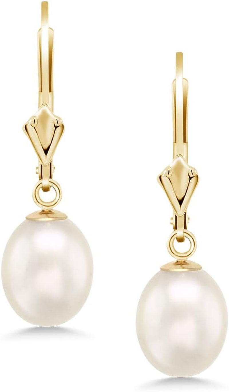 14K Yellow Gold 9MM Cultured Freshwater Pearl Dangle Earrings for Women