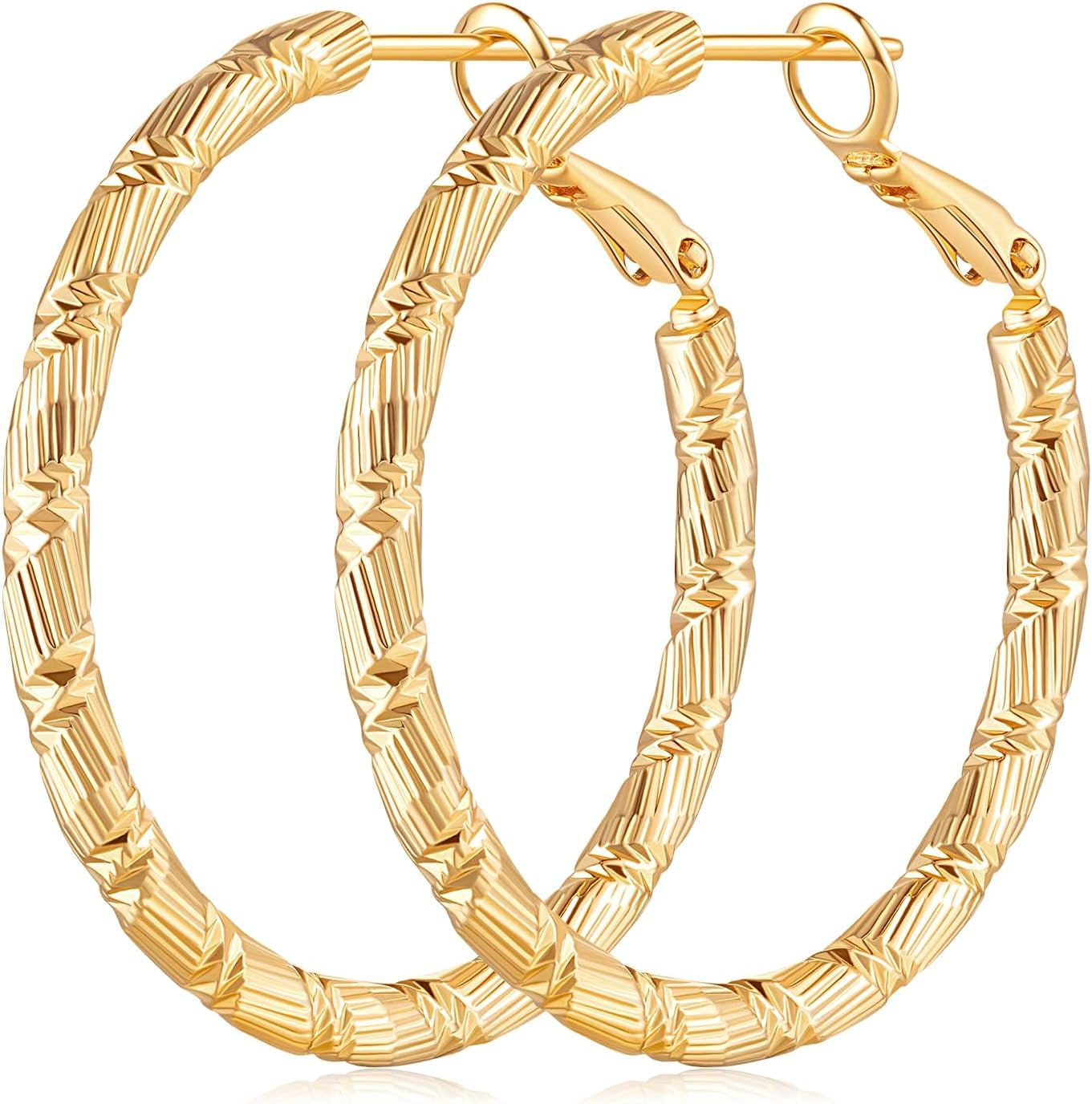 Gold Hoops Earrings for Women 14K Gold Earring Thick Hoop Earring for Womens Earrings Solid Line Cutting Design 30Mm