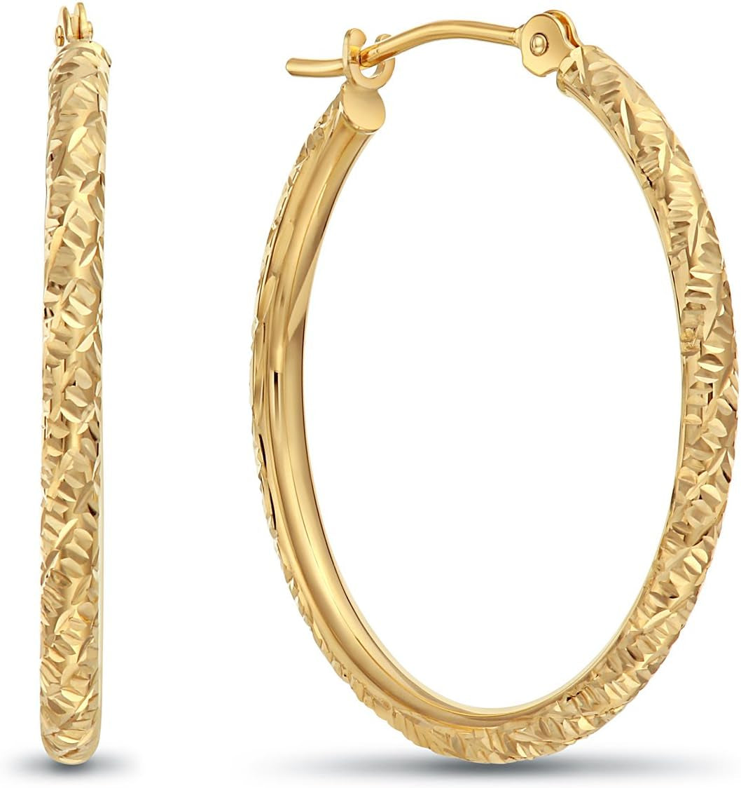 14K Gold Hand Engraved Diamond-Cut round Hoop Earrings -1'' Diameter……