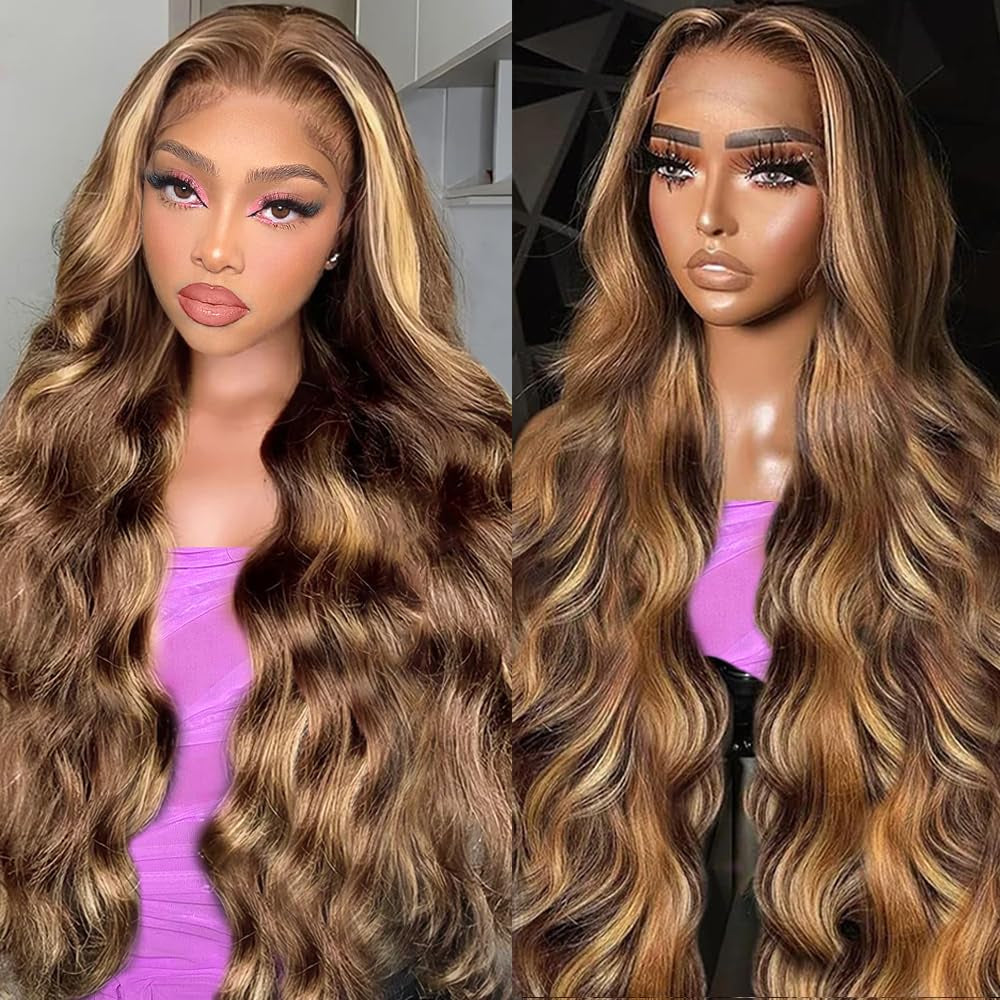 30 Inch Honey Blonde Ombre Lace Front Wig Human Hair 13X6 HD Lace Front Wig 4/27 Highlight Ombre Body Wave Lace Frontal Glueless Wigs Pre Plucked with Baby Hair