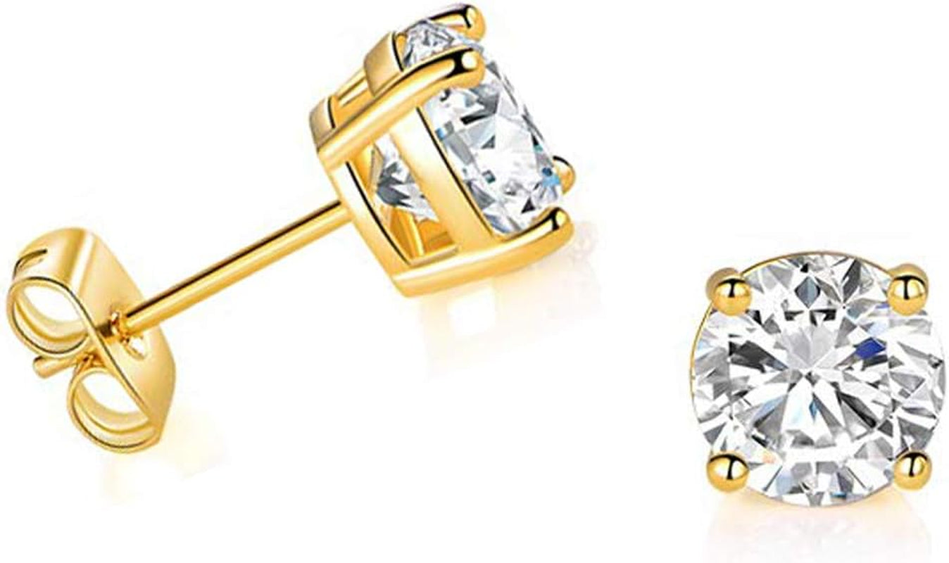 Solid 14K Yellow Gold Solitaire round Cubic Zirconia CZ Stud Earrings with 14K Gold Butterfly Push Backings
