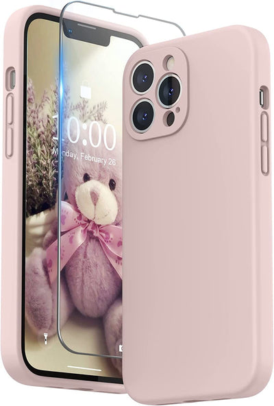 Compatible with Iphone 13 Pro Max Case with Screen Protector, (Camera Protection + Soft Microfiber Lining) Liquid Silicone Phone Case 6.7 Inch 2021, Pink Sand